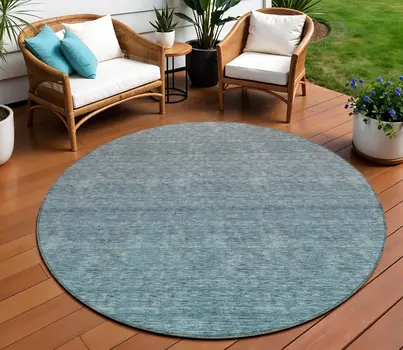 8' Teal Blue Gray And Charcoal Round Ombre Washable Indoor Outdoor Area Rug