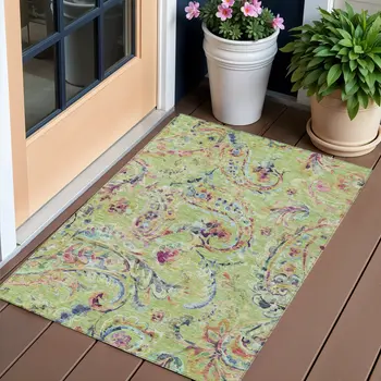 3' X 5' Artichoke Green And Pink Paisley Washable Indoor Outdoor Area Rug