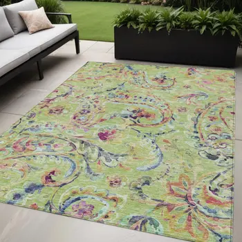 5' X 8' Artichoke Green And Pink Paisley Washable Indoor Outdoor Area Rug
