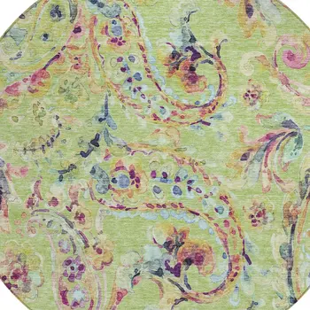 8' Artichoke Green And Pink Round Paisley Washable Indoor Outdoor Area Rug