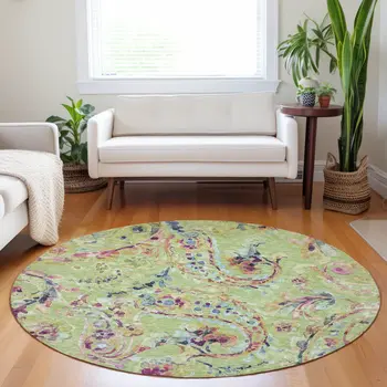 8' Artichoke Green And Pink Round Paisley Washable Indoor Outdoor Area Rug