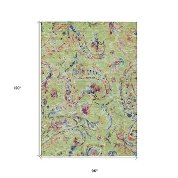 8' X 10' Artichoke Green And Pink Paisley Washable Indoor Outdoor Area Rug
