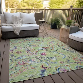 8' X 10' Artichoke Green And Pink Paisley Washable Indoor Outdoor Area Rug