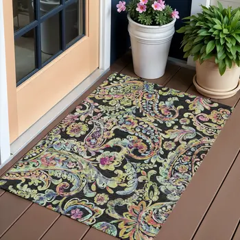 3' X 5' Black And Artichoke Green Paisley Washable Indoor Outdoor Area Rug