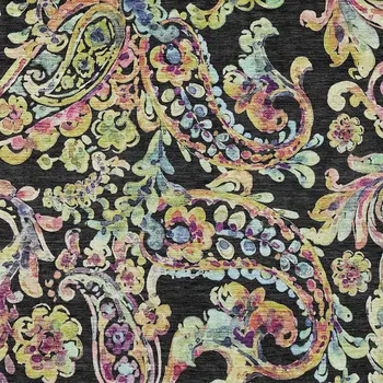 5' X 8' Black And Artichoke Green Paisley Washable Indoor Outdoor Area Rug