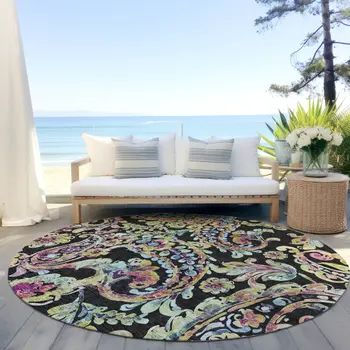 8' Black And Artichoke Green Round Paisley Washable Indoor Outdoor Area Rug