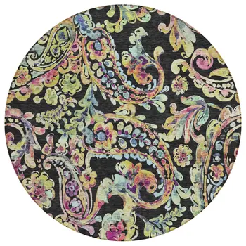 8' Black And Artichoke Green Round Paisley Washable Indoor Outdoor Area Rug