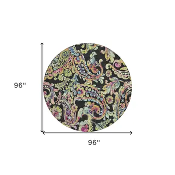8' Black And Artichoke Green Round Paisley Washable Indoor Outdoor Area Rug