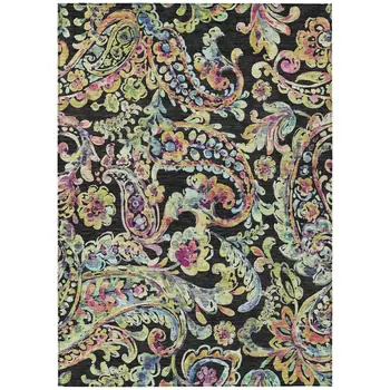 10' X 14' Black And Artichoke Green Paisley Washable Indoor Outdoor Area Rug