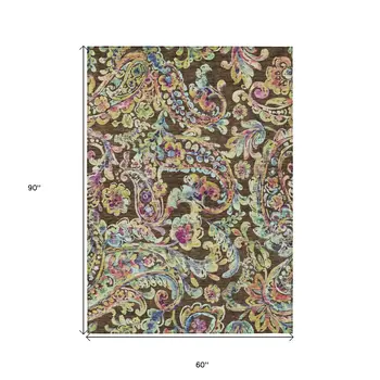 5' X 8' Chocolate And Artichoke Green Paisley Washable Indoor Outdoor Area Rug