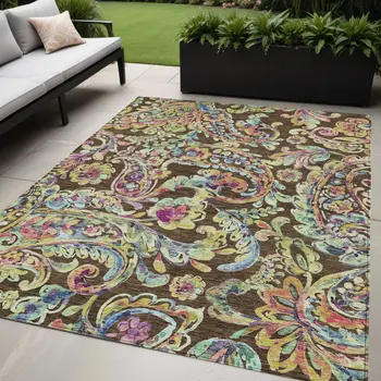 5' X 8' Chocolate And Artichoke Green Paisley Washable Indoor Outdoor Area Rug
