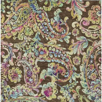 5' X 8' Chocolate And Artichoke Green Paisley Washable Indoor Outdoor Area Rug