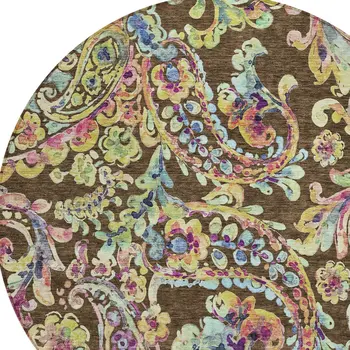 8' Chocolate And Artichoke Green Round Paisley Washable Indoor Outdoor Area Rug