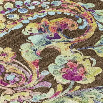8' Chocolate And Artichoke Green Round Paisley Washable Indoor Outdoor Area Rug