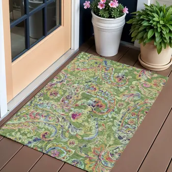 3' X 5' Fern Green And Artichoke Green Paisley Washable Indoor Outdoor Area Rug