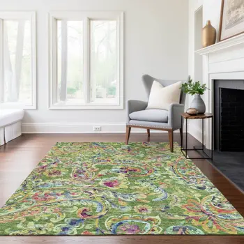 3' X 5' Fern Green And Artichoke Green Paisley Washable Indoor Outdoor Area Rug