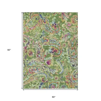 5' X 8' Fern Green And Artichoke Green Paisley Washable Indoor Outdoor Area Rug