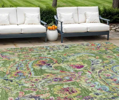 9' X 12' Fern Green And Artichoke Green Paisley Washable Indoor Outdoor Area Rug