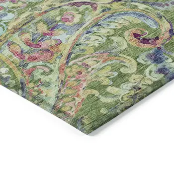 9' X 12' Fern Green And Artichoke Green Paisley Washable Indoor Outdoor Area Rug