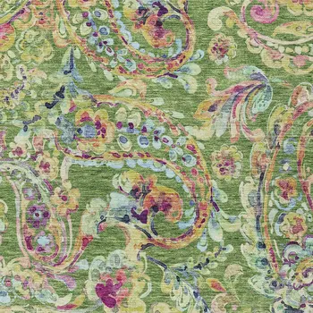 9' X 12' Fern Green And Artichoke Green Paisley Washable Indoor Outdoor Area Rug