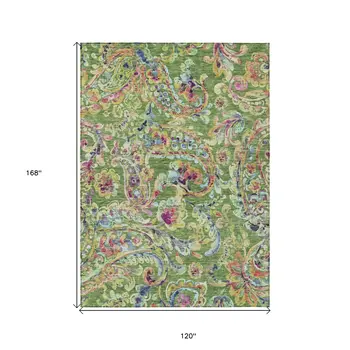 10' X 14' Fern Green And Artichoke Green Paisley Washable Indoor Outdoor Area Rug
