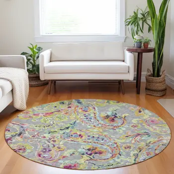 8' Gray Fern Green And Artichoke Green Round Paisley Washable Indoor Outdoor Area Rug