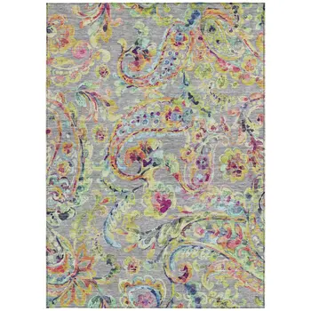 8' X 10' Gray Fern Green And Artichoke Green Paisley Washable Indoor Outdoor Area Rug
