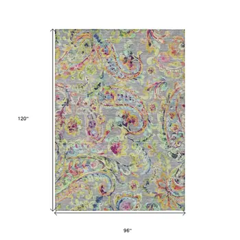8' X 10' Gray Fern Green And Artichoke Green Paisley Washable Indoor Outdoor Area Rug