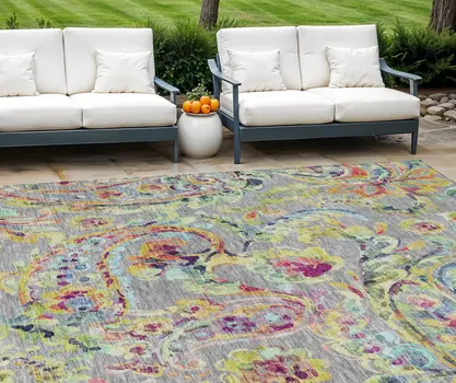 8' X 10' Gray Fern Green And Artichoke Green Paisley Washable Indoor Outdoor Area Rug