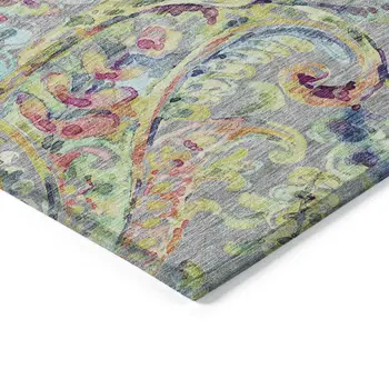 8' X 10' Gray Fern Green And Artichoke Green Paisley Washable Indoor Outdoor Area Rug