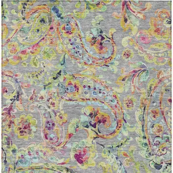 9' X 12' Gray Fern Green And Artichoke Green Paisley Washable Indoor Outdoor Area Rug