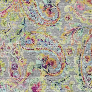 9' X 12' Gray Fern Green And Artichoke Green Paisley Washable Indoor Outdoor Area Rug