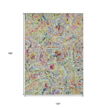 10' X 14' Gray Fern Green And Artichoke Green Paisley Washable Indoor Outdoor Area Rug
