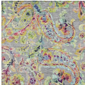10' X 14' Gray Fern Green And Artichoke Green Paisley Washable Indoor Outdoor Area Rug