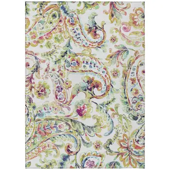 3' X 5' Ivory Fern Green And Artichoke Green Paisley Washable Indoor Outdoor Area Rug