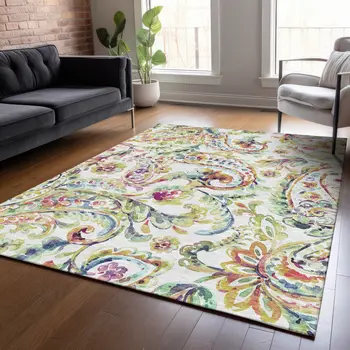 3' X 5' Ivory Fern Green And Artichoke Green Paisley Washable Indoor Outdoor Area Rug