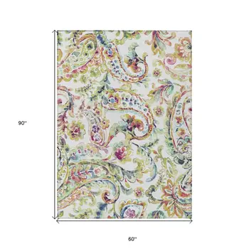 5' X 8' Ivory Fern Green And Artichoke Green Paisley Washable Indoor Outdoor Area Rug