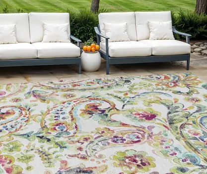 8' X 10' Ivory Fern Green And Artichoke Green Paisley Washable Indoor Outdoor Area Rug