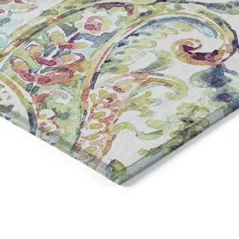 10' X 14' Ivory Fern Green And Artichoke Green Paisley Washable Indoor Outdoor Area Rug