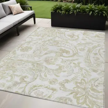 5' X 8' Beige Tan And Ivory Paisley Washable Indoor Outdoor Area Rug