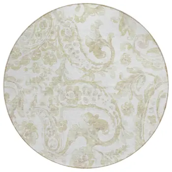 8' Beige Tan And Ivory Round Paisley Washable Indoor Outdoor Area Rug