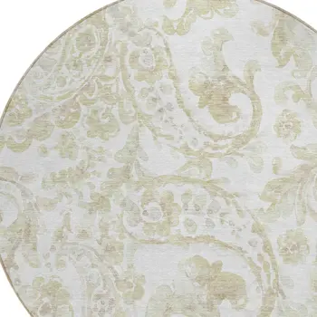 8' Beige Tan And Ivory Round Paisley Washable Indoor Outdoor Area Rug