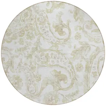 8' Beige Tan And Ivory Round Paisley Washable Indoor Outdoor Area Rug