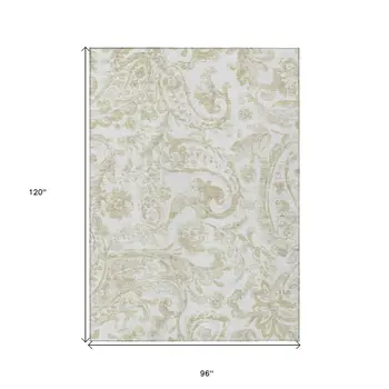 8' X 10' Beige Tan And Ivory Paisley Washable Indoor Outdoor Area Rug
