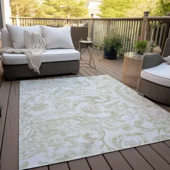 8' X 10' Beige Tan And Ivory Paisley Washable Indoor Outdoor Area Rug
