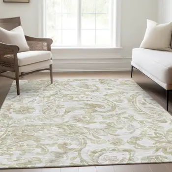 8' X 10' Beige Tan And Ivory Paisley Washable Indoor Outdoor Area Rug