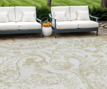 9' X 12' Beige Tan And Ivory Paisley Washable Indoor Outdoor Area Rug