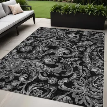 5' X 8' Black Gray And Charcoal Paisley Washable Indoor Outdoor Area Rug