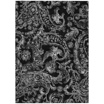 5' X 8' Black Gray And Charcoal Paisley Washable Indoor Outdoor Area Rug