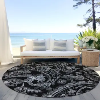 8' Black Gray And Charcoal Round Paisley Washable Indoor Outdoor Area Rug
